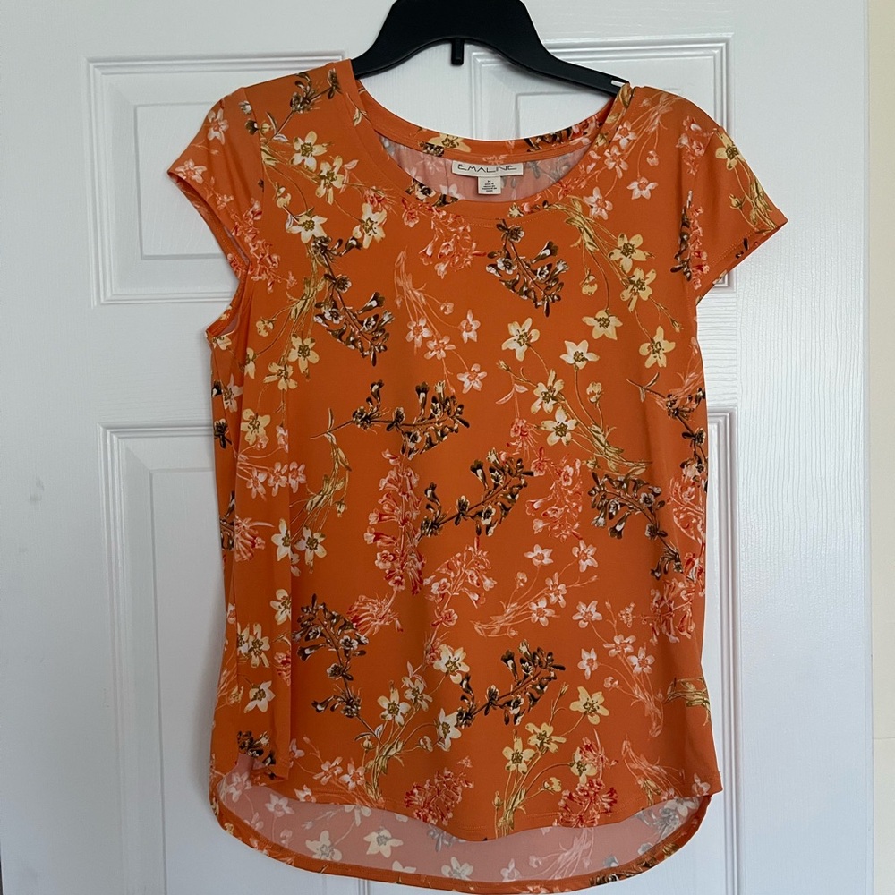 Orange Cap Sleeve Blouse with Floral Print